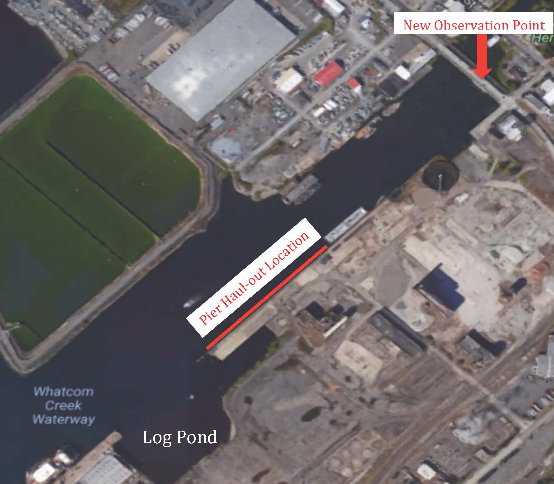 A mapof Whatcom Creek Waterway, Log Pond, and the surrounding area. The Pier Haul-out Location, and New Observation Point are both hghlighted in red.